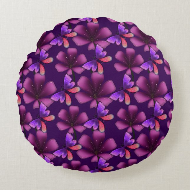 Coussins Ronds Hyper-Bloom Papillon Violet : Floral foncé (Devant)