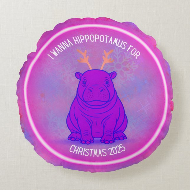 Coussins Ronds I Wanna Hippo For Christmas-Purple Pillow-Customiz (Devant)