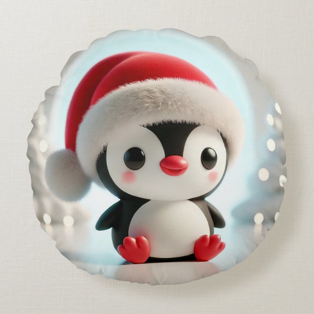 Coussins Ronds 🎄 Idée cadeau déco Noël Manchot mignon ❄️ (Devant)