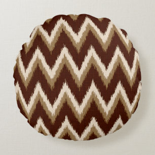 Coussins Ronds Ikat Chevron Stripes - Chocolat Brown & Beige