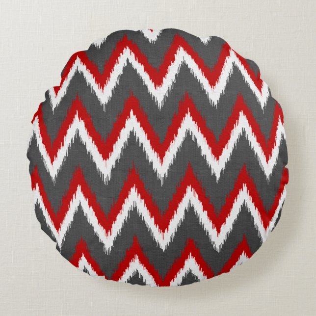 Coussins Ronds Ikat Chevron Stripes - Rouge, Blanc et Gris / Gris (Devant)