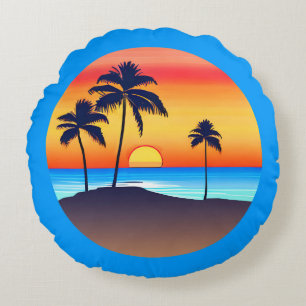 Coussins Ronds Île tropicale au coucher du soleil avec des palmie