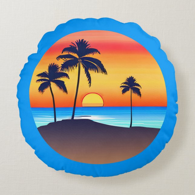 Coussins Ronds Île tropicale au coucher du soleil avec des palmie (Devant)
