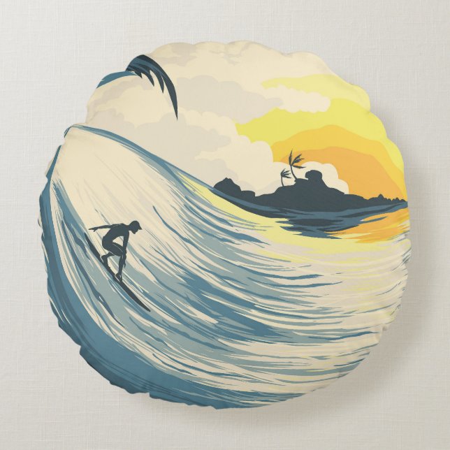 Coussins Ronds Île tropicale, vague, coucher de soleil de surfer. (Devant)