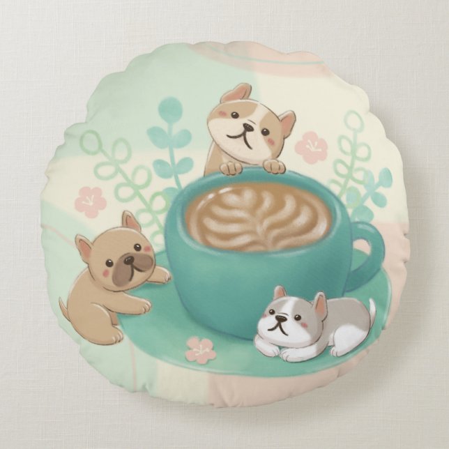 Coussins Ronds Illustration de chiens et de cafés mignons (Devant)
