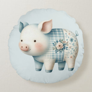 Coussins Ronds Illustration de Cottagecore avec un Cochon en Patc