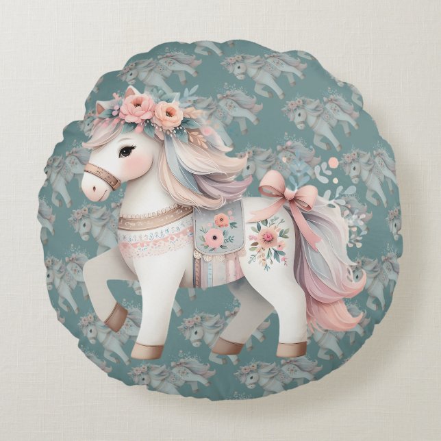 Coussins Ronds Illustration de fantasy de cheval pastel floral (Devant)
