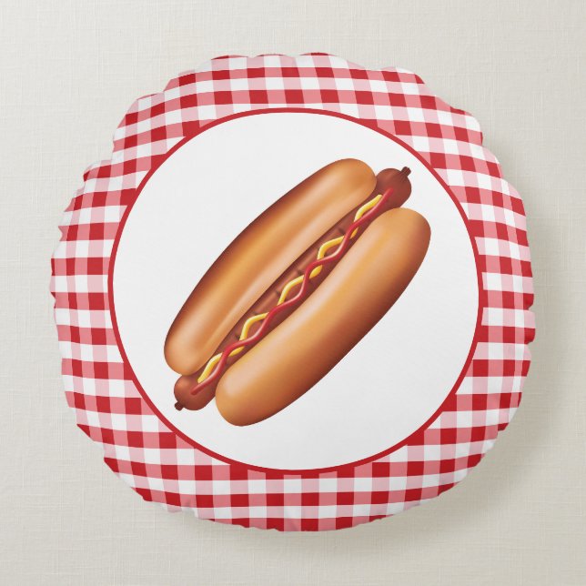 Coussins Ronds Illustration de fast-food hot dog sur carreaux rou (Devant)