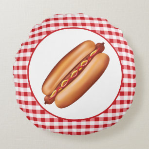 Coussins Ronds Illustration de fast-food hot dog sur gingham roug