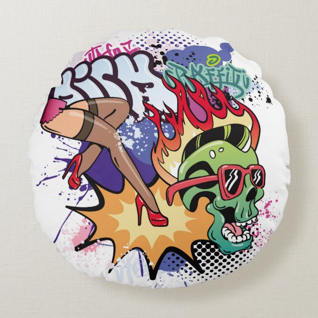 Coussins Ronds Illustration de graffiti avec lettres de graffitis (Devant)