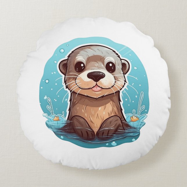 Coussins Ronds Illustration de la loutre de dessin (Devant)