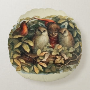 Coussins Ronds Illustration de la nature des hiboux et des fées d