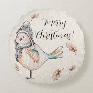 Coussins Ronds Illustration de moineau mignon d'hiver