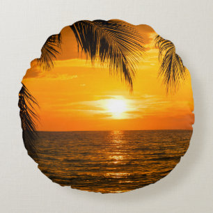 Coussins Ronds Illustration de palmier couché de soleil sur la pl