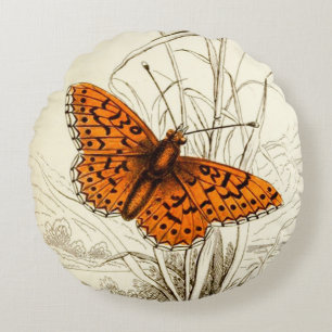 Coussins Ronds Illustration de papillon vintage, orange et noir