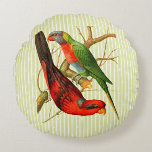 Coussins Ronds Illustration de perroquets rouges et verts vintage