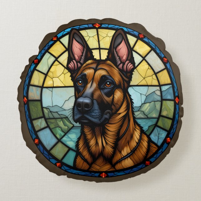 Coussins Ronds Illustration de style vitrail de Malinois belge (Devant)