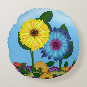Coussins Ronds Illustration de tournesol jaune et bleu