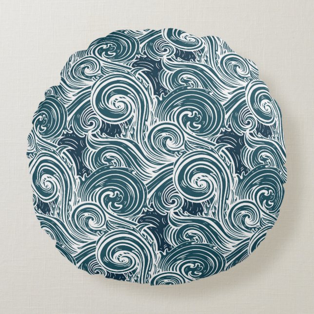 Coussins Ronds Illustration des vagues de mer tracées à la main v (Devant)