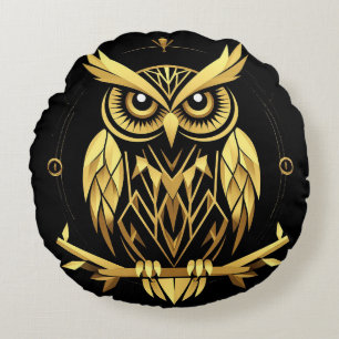 Coussins Ronds Illustration du hibou géométrique d'or