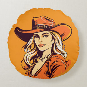 Coussins Ronds Illustration d'une femme avec un chapeau de cowgir