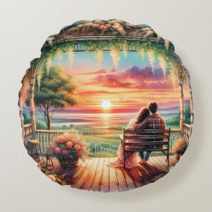 Coussins Ronds Illustration d'une vue romantique sur un porche au