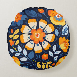 Coussins Ronds Illustration florale rétro audacieuse orange et bl