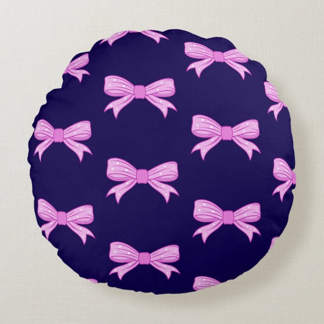 Coussins Ronds Illustration Kawaii Girly Pink Poka Dot Bow (Devant)