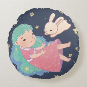 Coussins Ronds Illustration Starry Night Bunny & Girl