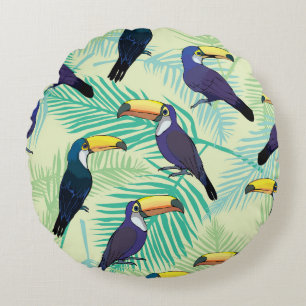 Coussins Ronds Illustration Toucan Vintage, Colorée.