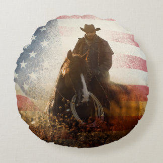 Coussins Ronds Image de cowboy du Jour de l'Indépendance.