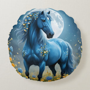 Coussins Ronds Imaginaire Bleu Magique Cheval Lune Fleurs,