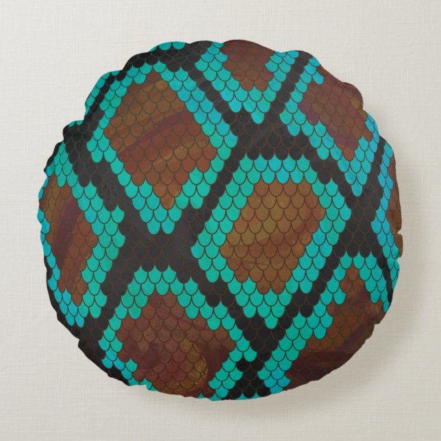 Coussins Ronds Impression Brown et Turquoise de serpent (Devant)
