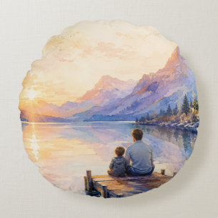 Coussins Ronds Impression d'art aquarelle du lac Père et Fils