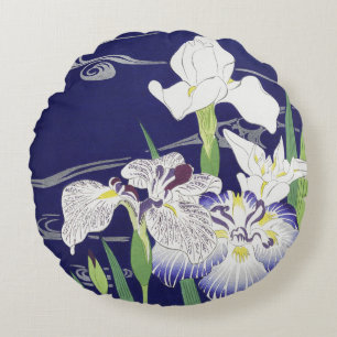 Coussins Ronds Impression d'art Iris Japonais Vintage Kogyo Tsuki