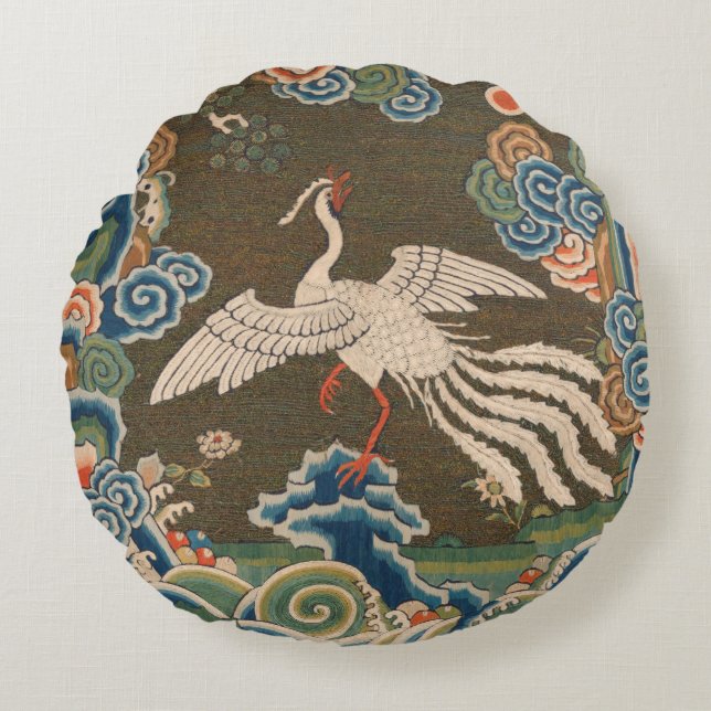 Coussins Ronds Impression de broderie en soie blanche antique chi (Devant)