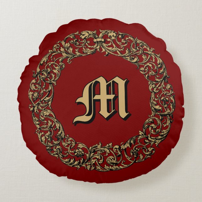 Coussins Ronds Impression de monogramme de couronne florale baroq (Devant)