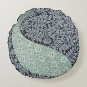 Coussins Ronds Impression de paon bleu Art nouveau vintage Verneu