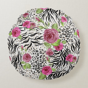Coussins Ronds Impression de peau d'animal et roses