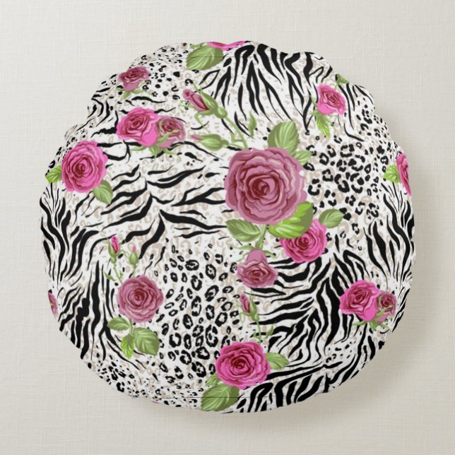 Coussins Ronds Impression de peau d'animal et roses (Devant)