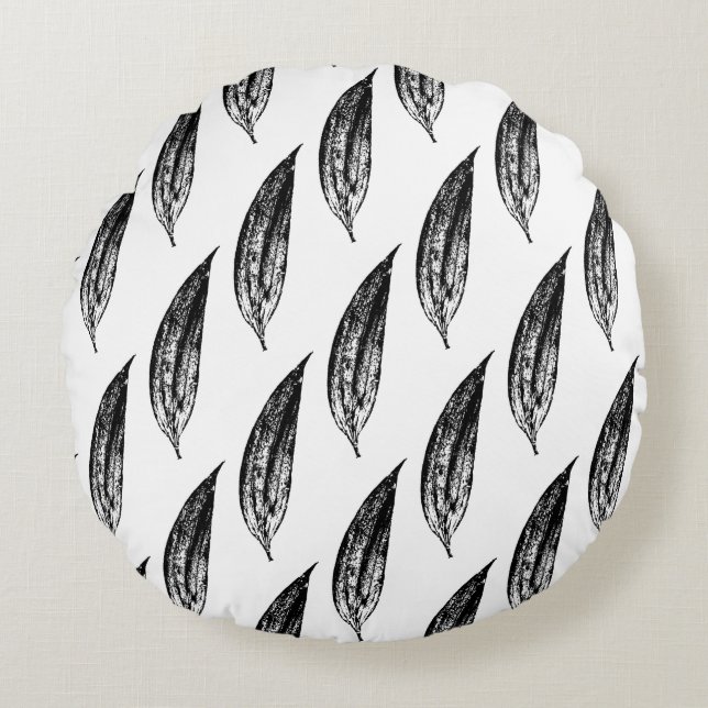 Coussins Ronds Impression feuille de lys blanc noir et blanc (Devant)