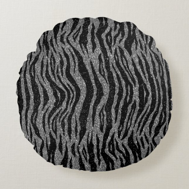 Coussins Ronds Impression Zèbre Noir et Gris Argent (Devant)