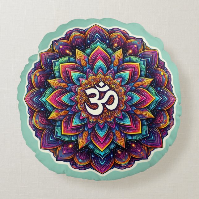 Coussins Ronds Indian Om Symbol in a beautiful mandala design (Devant)