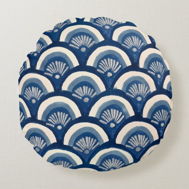 Coussins Ronds Indigo Fan Waves (Devant)