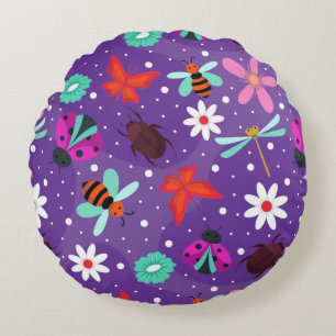 Coussins Ronds Insectes et fleurs colorés sur fond violet