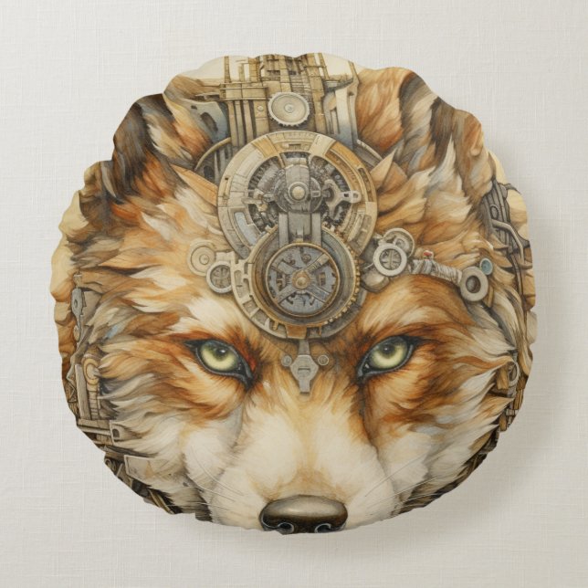 Coussins Ronds inspiration Solarpunk Red Wolf Steampunk (Devant)