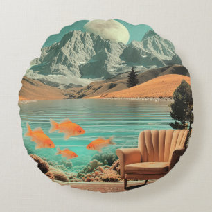 Coussins Ronds Intérieur surréaliste avec poissons et paysage au
