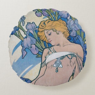 Coussins Ronds Iris (Quatre Fleurs), Oreiller Alphonse Mucha