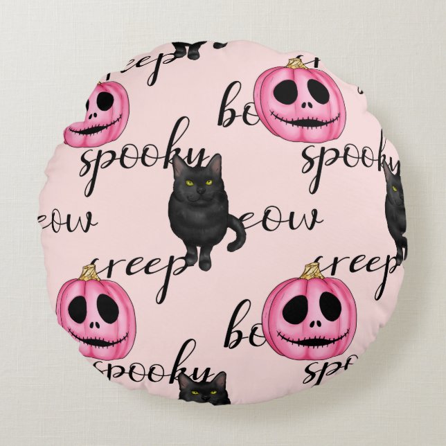 Coussins Ronds Jack-O-Lantern rose et chat noir (Devant)