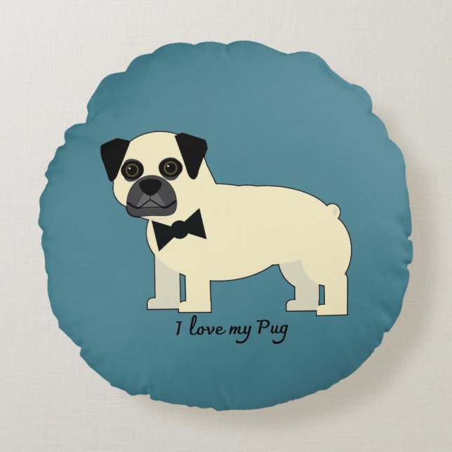 Coussins Ronds J'aime mon Pug (Devant)